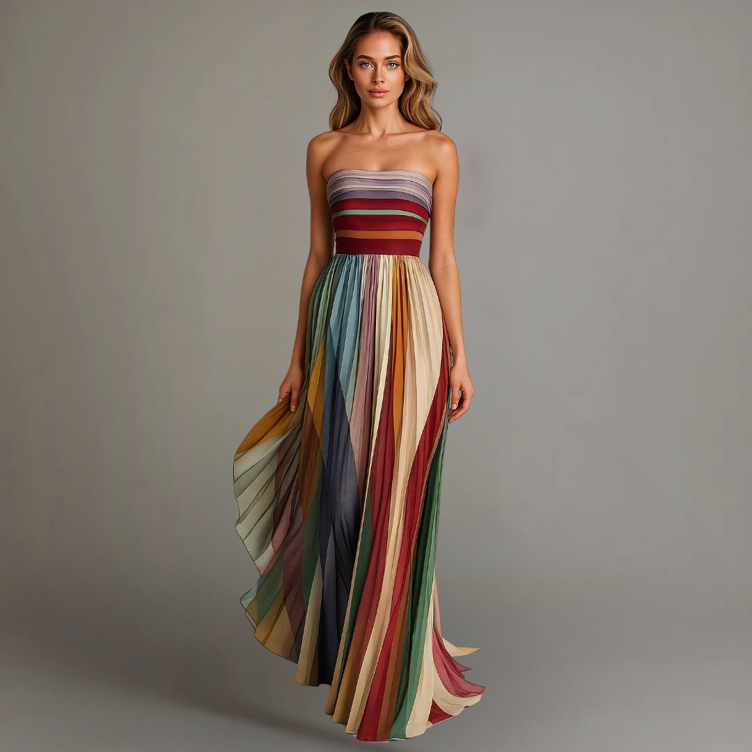 Women's Strapless Multicolor Striped Maxi Dress