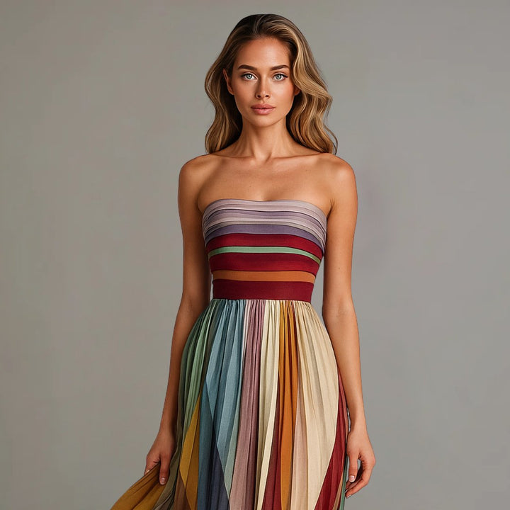 Women's Strapless Multicolor Striped Maxi Dress