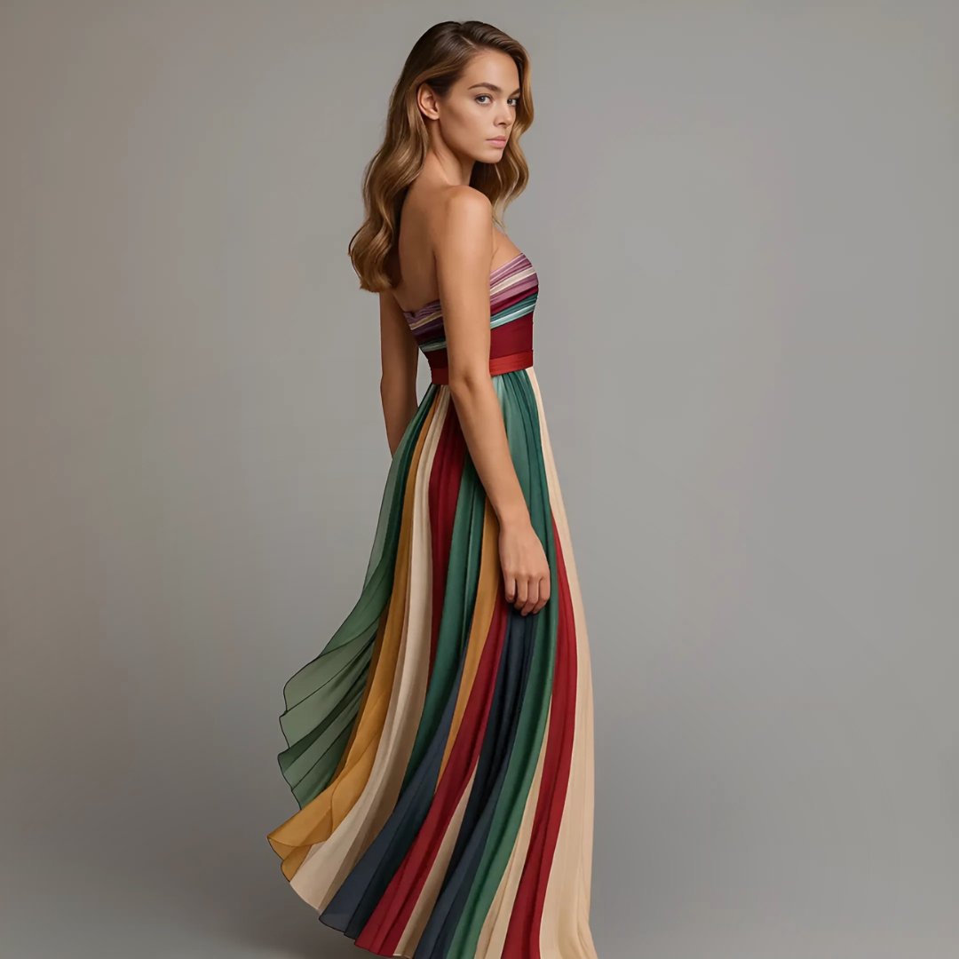 Women's Strapless Multicolor Striped Maxi Dress