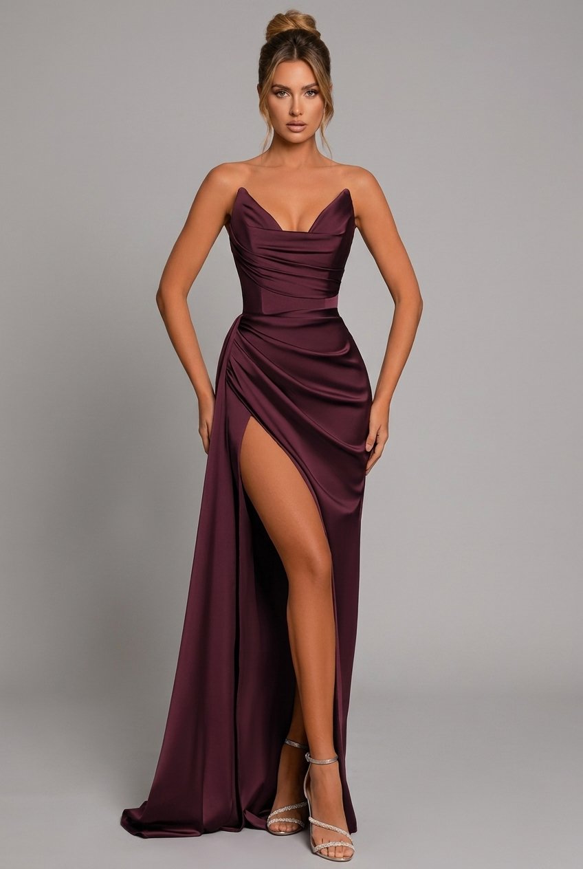 Women's Strapless Ruched Satin Bodycon Split Maxi Dress - Crimson Red