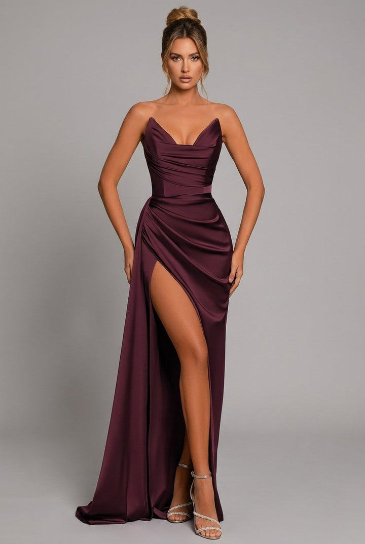 Women's Strapless Ruched Satin Bodycon Split Maxi Dress - Crimson Red