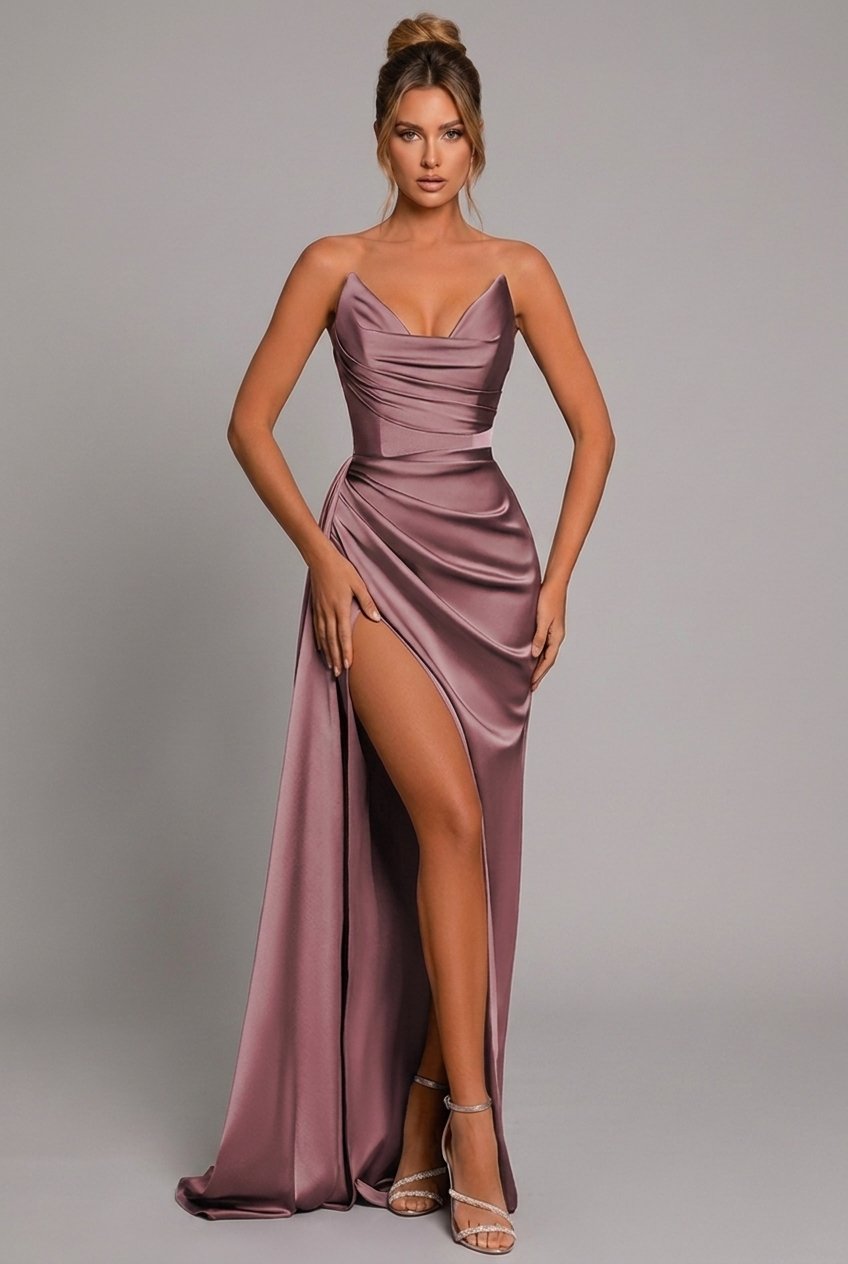 Women's Strapless Ruched Satin Bodycon Split Maxi Dress - Dusty Rose