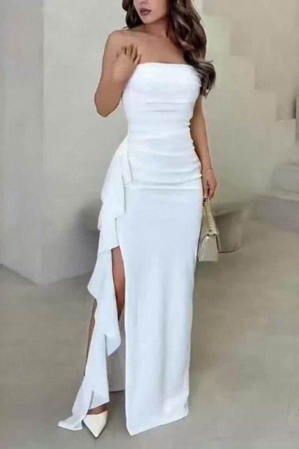 Women's Strapless Satin Wrap Maxi Dress - White