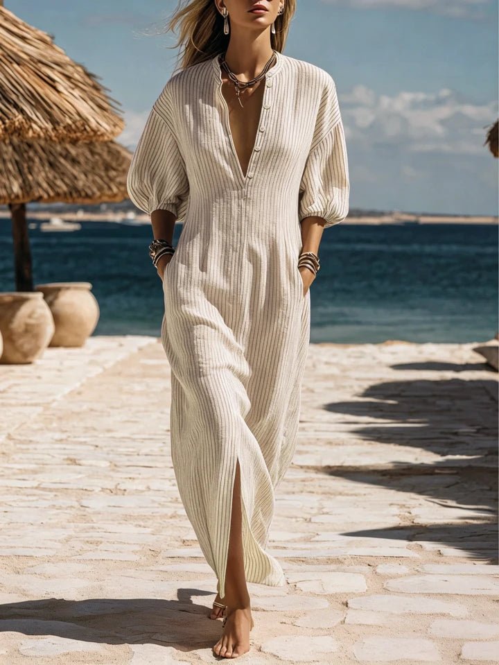 Women's Striped Button-Down Midi Dress - White
