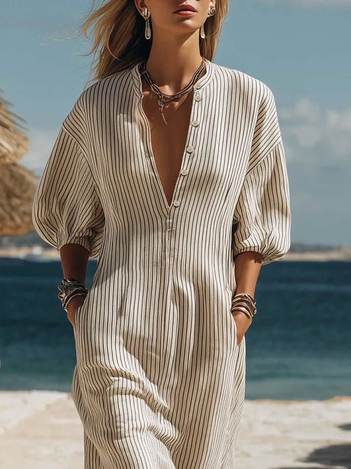 Women's Striped Button-Down Midi Dress