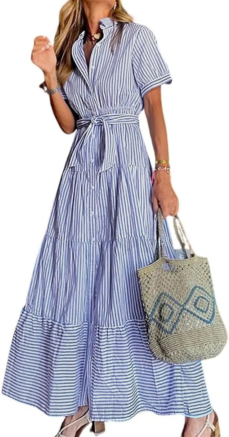Women's Striped Button-Down Tiered Ruffle Maxi Dress - Blue