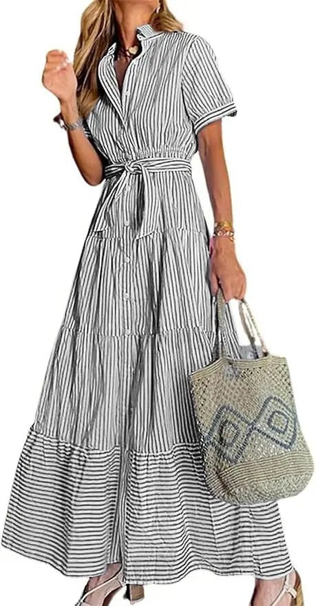Women's Striped Button-Down Tiered Ruffle Maxi Dress - Black
