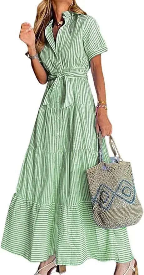 Women's Striped Button-Down Tiered Ruffle Maxi Dress - Green