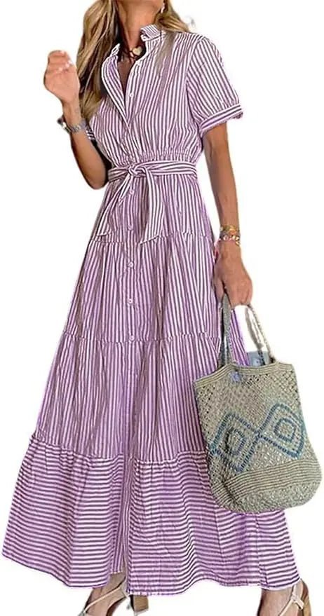 Women's Striped Button-Down Tiered Ruffle Maxi Dress - Purple