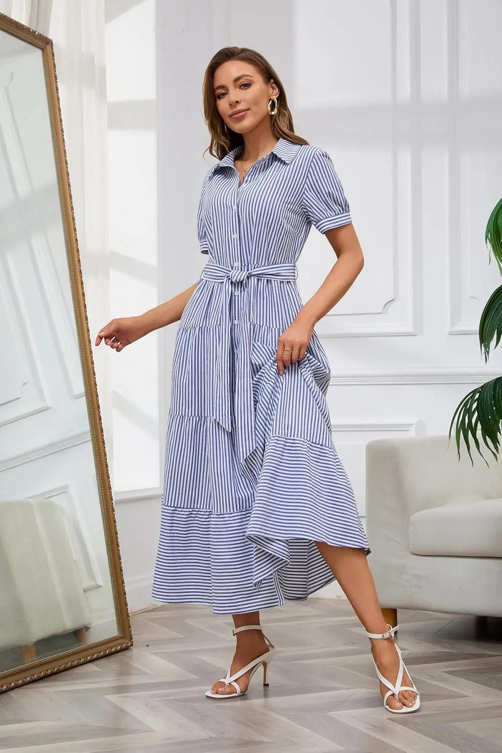 Women's Striped Button-Down Tiered Ruffle Maxi Dress