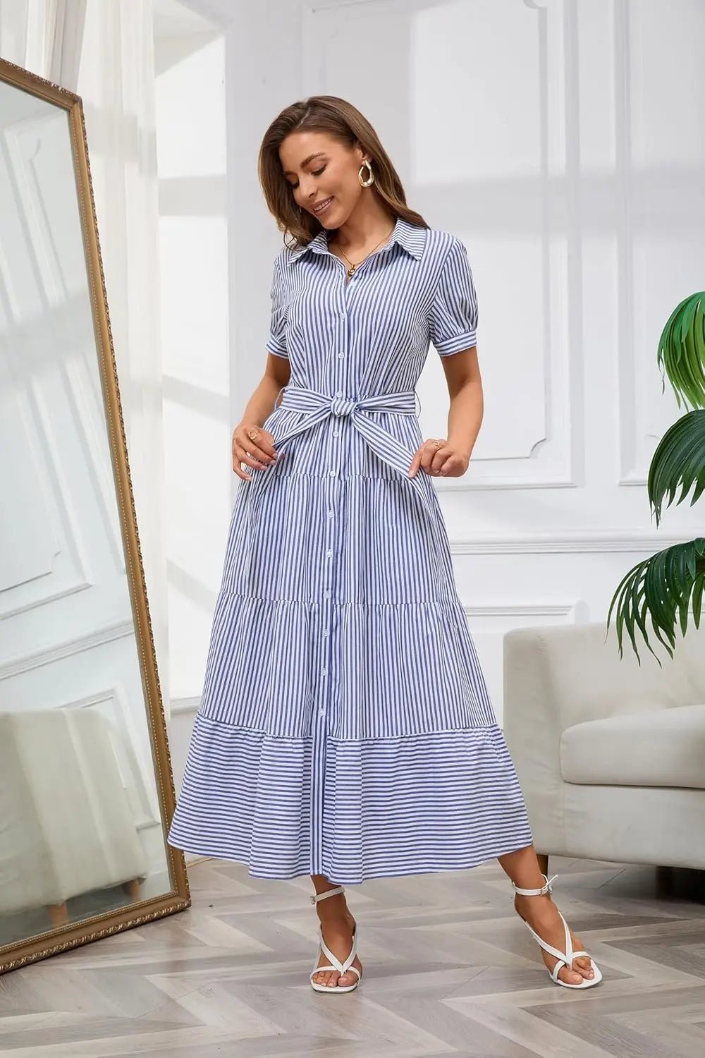 Women's Striped Button-Down Tiered Ruffle Maxi Dress