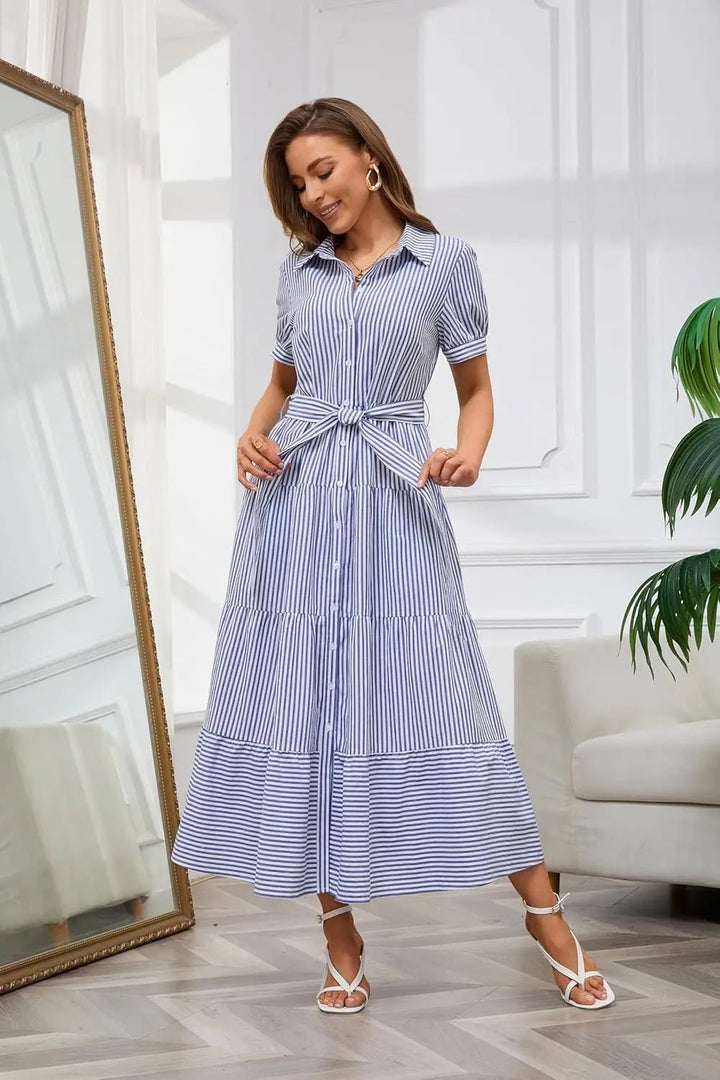 Women's Striped Button-Down Tiered Ruffle Maxi Dress