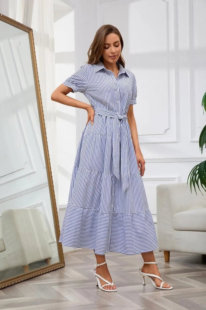 Women's Striped Button-Down Tiered Ruffle Maxi Dress