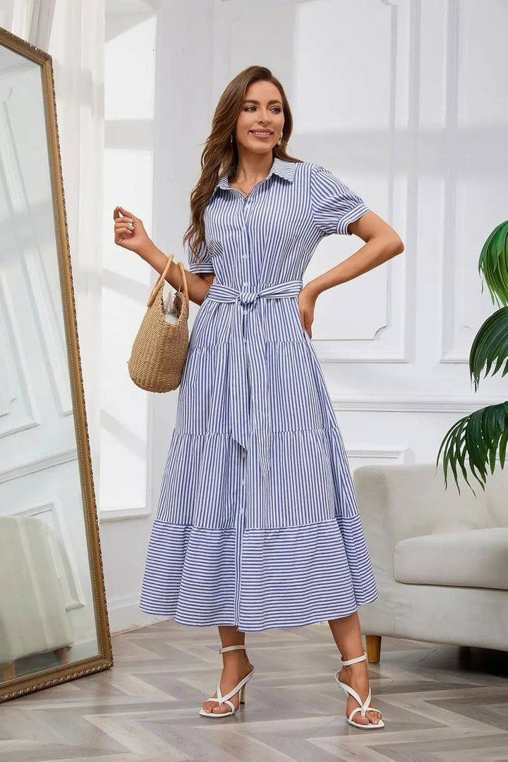 Women's Striped Button-Down Tiered Ruffle Maxi Dress