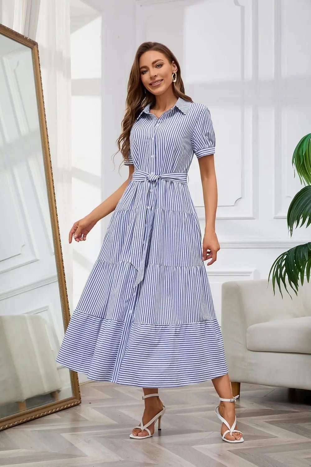 Women's Striped Button-Down Tiered Ruffle Maxi Dress