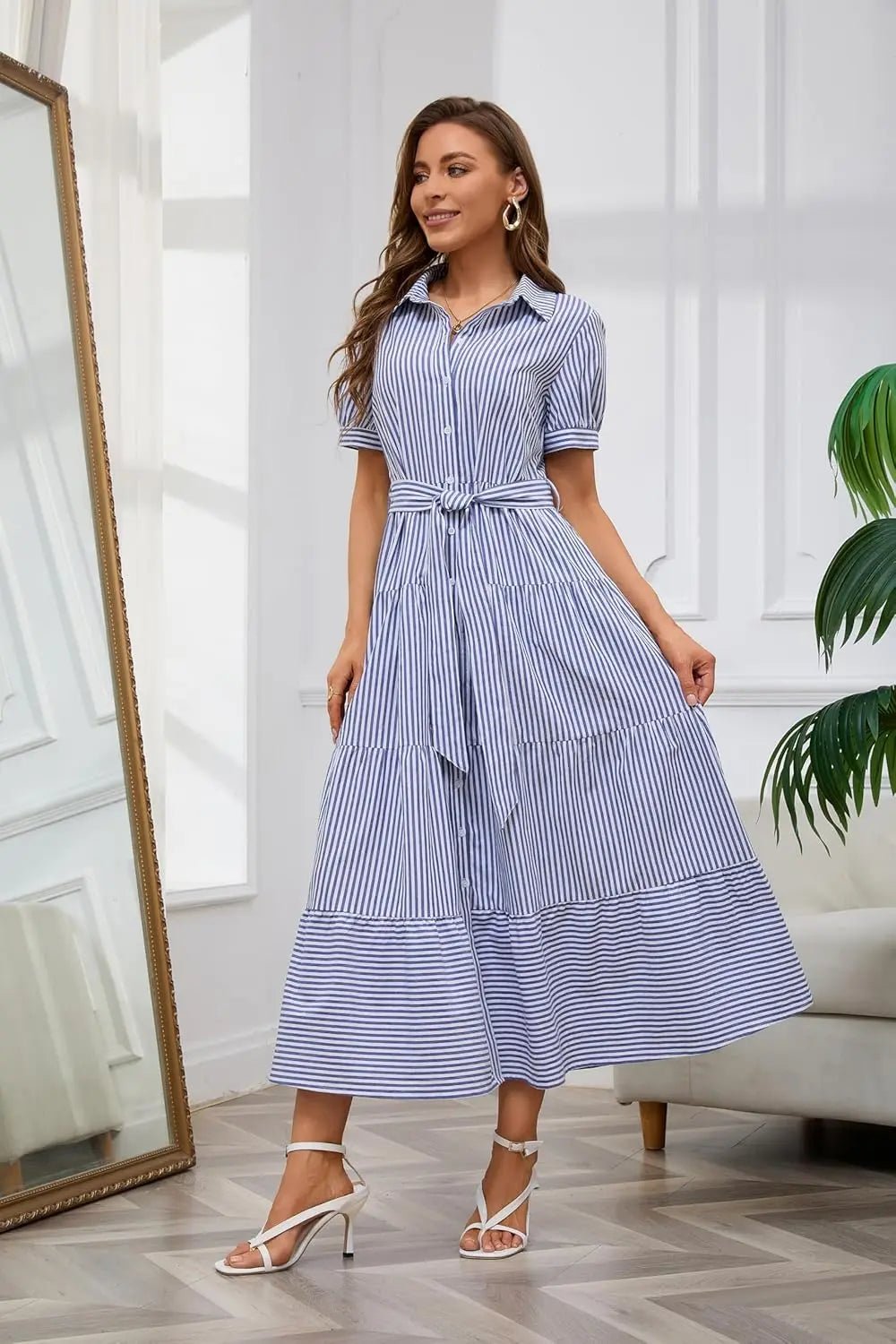 Women's Striped Button-Down Tiered Ruffle Maxi Dress