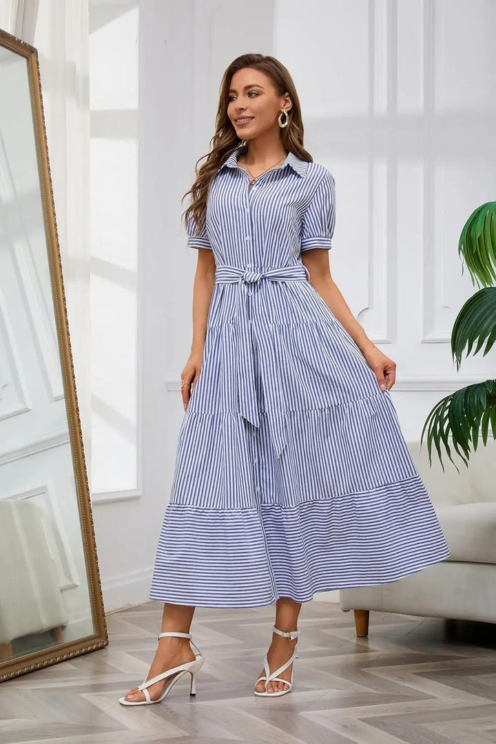 Women's Striped Button-Down Tiered Ruffle Maxi Dress