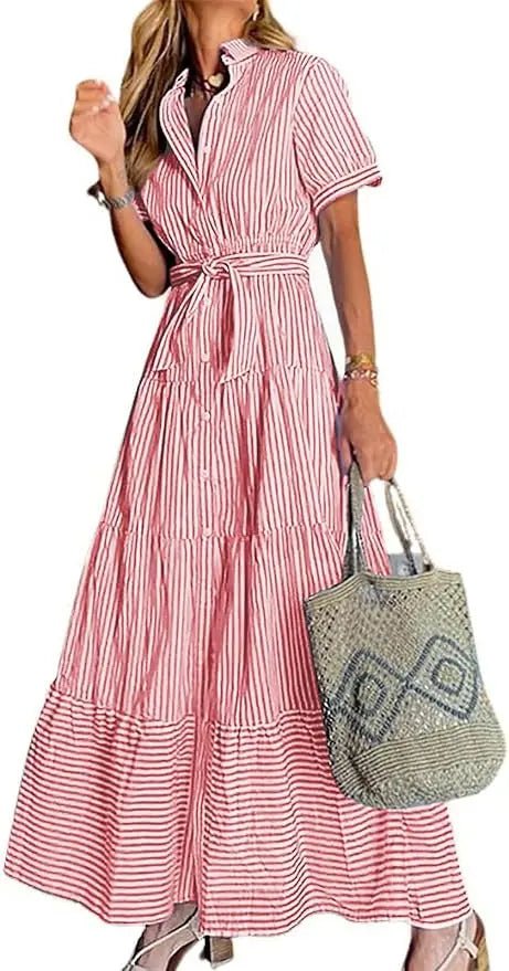 Women's Striped Button-Down Tiered Ruffle Maxi Dress - Red