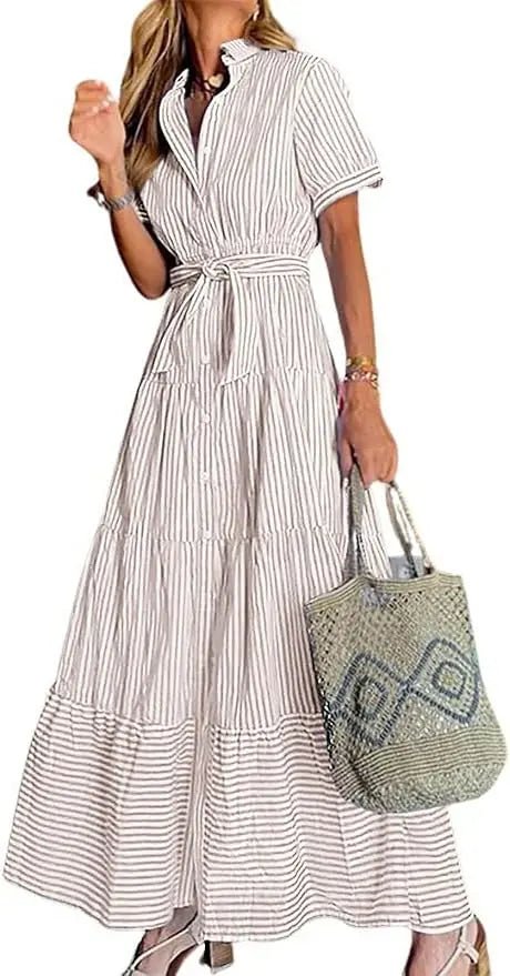 Women's Striped Button-Down Tiered Ruffle Maxi Dress - Khaki