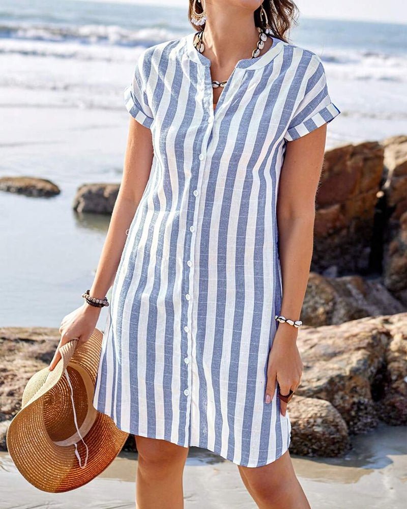 Women's Striped Linen Button-Up Shirt Dress Short Sleeve - Light Blue