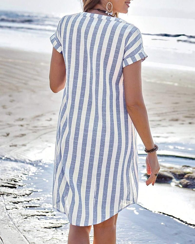 Women's Striped Linen Button-Up Shirt Dress Short Sleeve