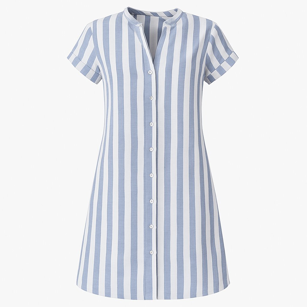 Women's Striped Linen Button-Up Shirt Dress Short Sleeve