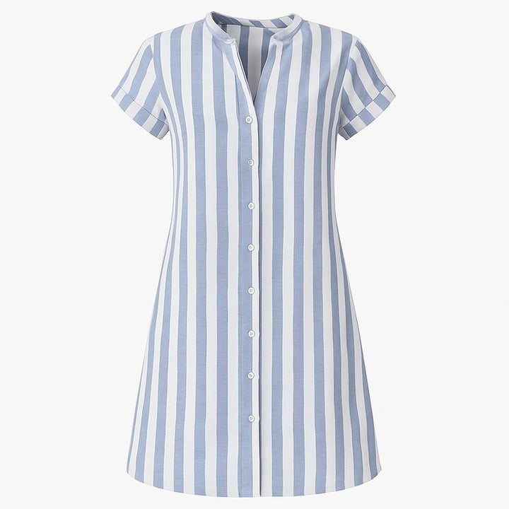 Women's Striped Linen Button-Up Shirt Dress Short Sleeve