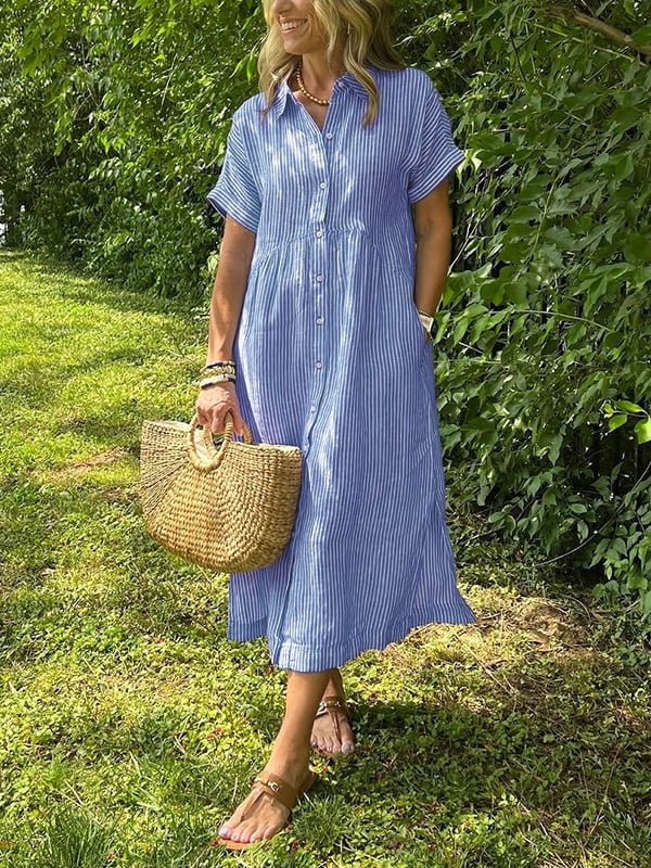 Women's Striped Short-Sleeve Button-Front Midi Shirtdress - Blauw