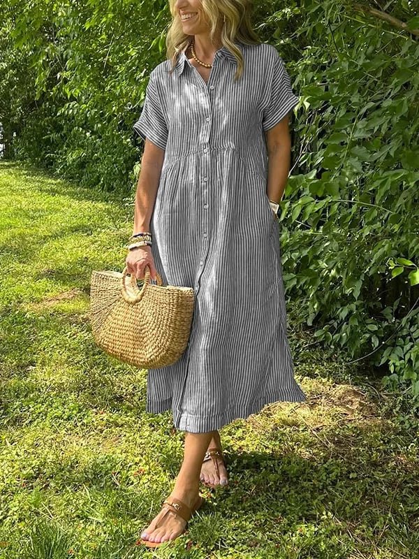 Women's Striped Short-Sleeve Button-Front Midi Shirtdress - Grijs