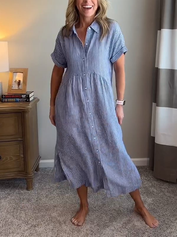 Women's Striped Short-Sleeve Button-Front Midi Shirtdress