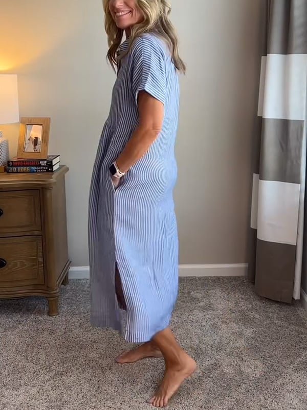 Women's Striped Short-Sleeve Button-Front Midi Shirtdress
