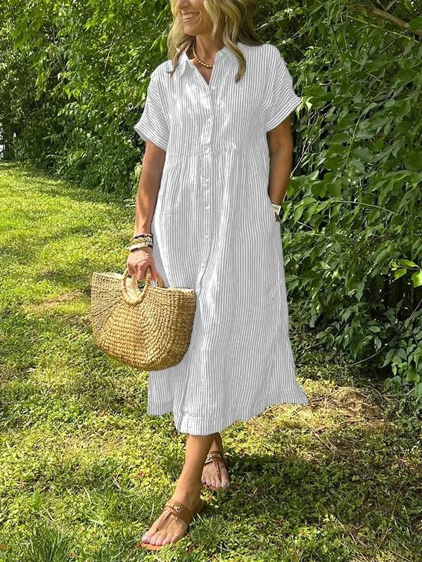 Women's Striped Short-Sleeve Button-Front Midi Shirtdress - Wit
