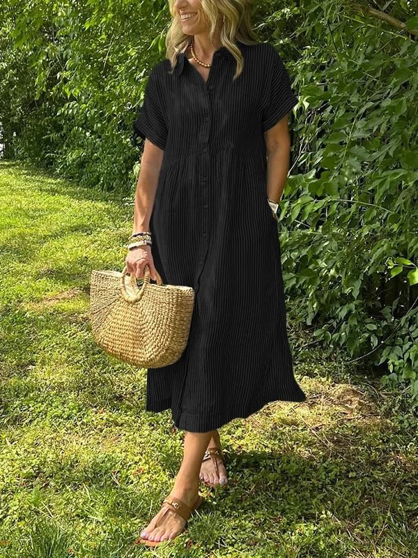 Women's Striped Short-Sleeve Button-Front Midi Shirtdress - Zwart