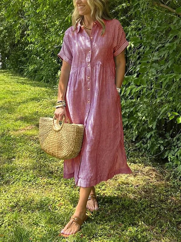 Women's Striped Short-Sleeve Button-Front Midi Shirtdress - Rood