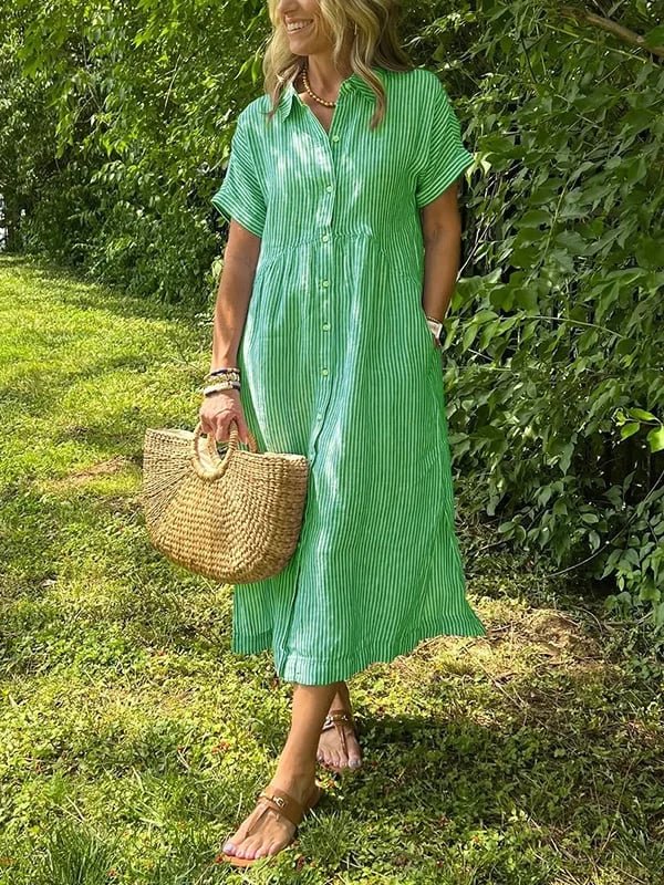 Women's Striped Short-Sleeve Button-Front Midi Shirtdress - Groen