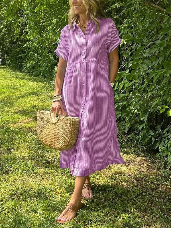 Women's Striped Short-Sleeve Button-Front Midi Shirtdress - Roze