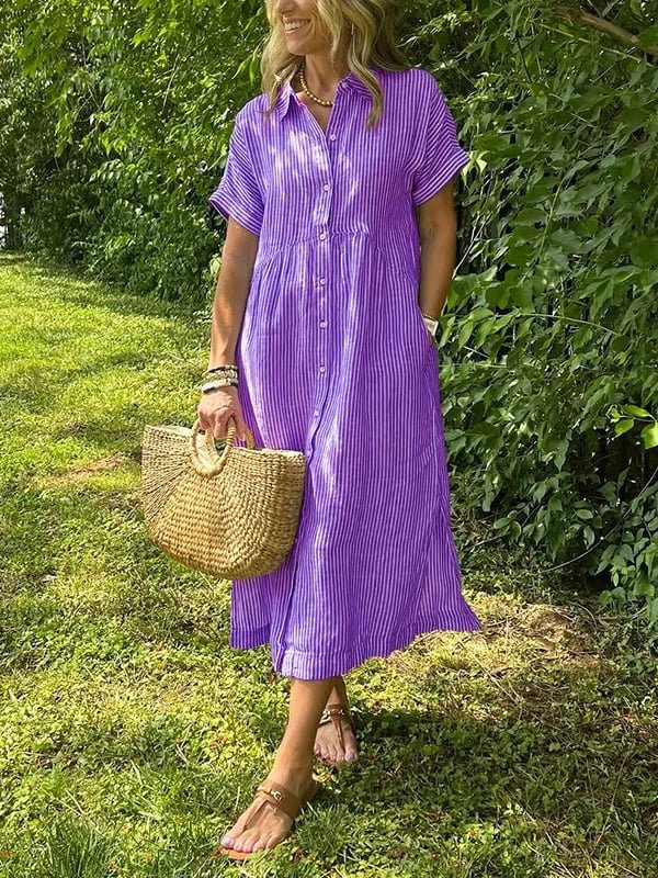 Women's Striped Short-Sleeve Button-Front Midi Shirtdress - Paars