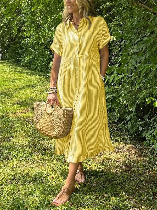 Women's Striped Short-Sleeve Button-Front Midi Shirtdress - Geel