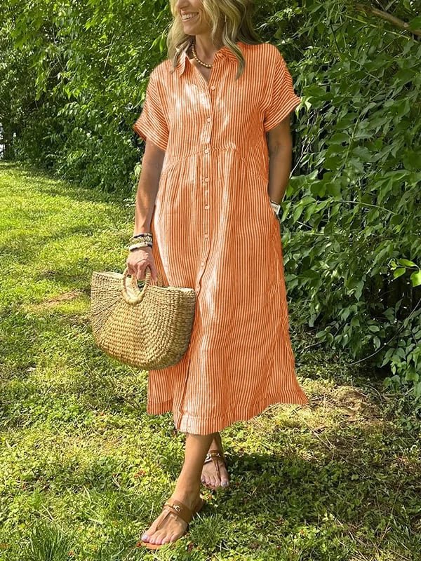 Women's Striped Short-Sleeve Button-Front Midi Shirtdress - Oranje