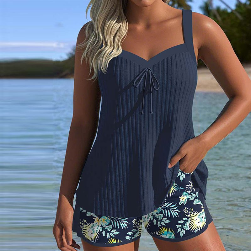Women's Striped Tankini Two-Piece Set with Swim Shorts - Navy Blue