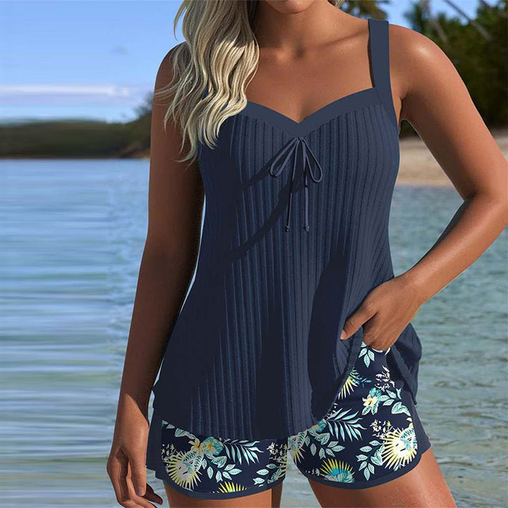 Women's Striped Tankini Two-Piece Set with Swim Shorts - Navy Blue