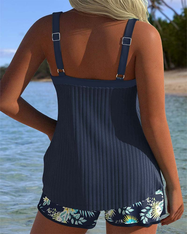 Women's Striped Tankini Two-Piece Set with Swim Shorts