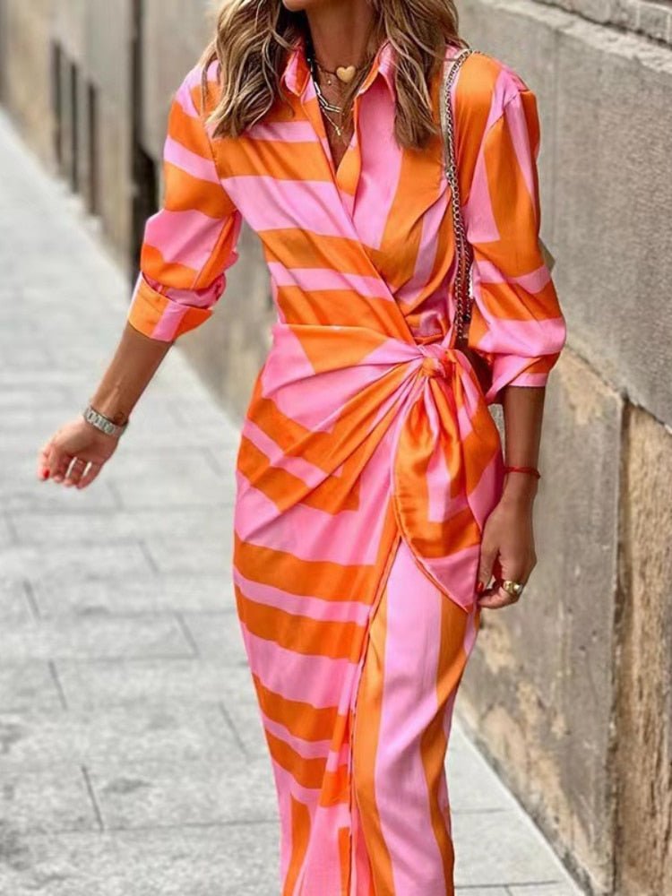 Women's Striped Wrap Midi Dress Three-Quarter Sleeve - Oranje & Roze