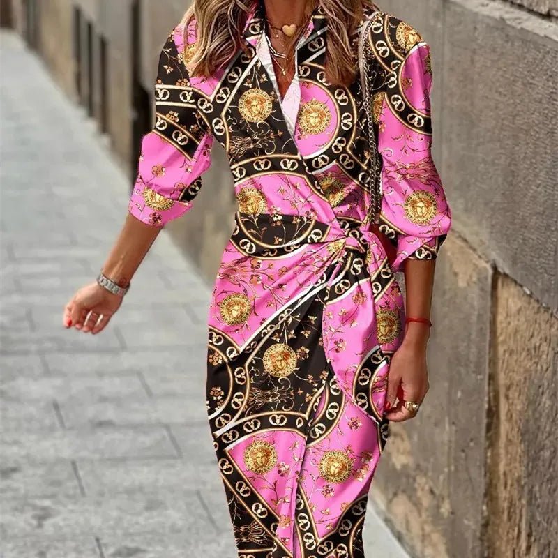 Women's Striped Wrap Midi Dress Three-Quarter Sleeve - Donker roze