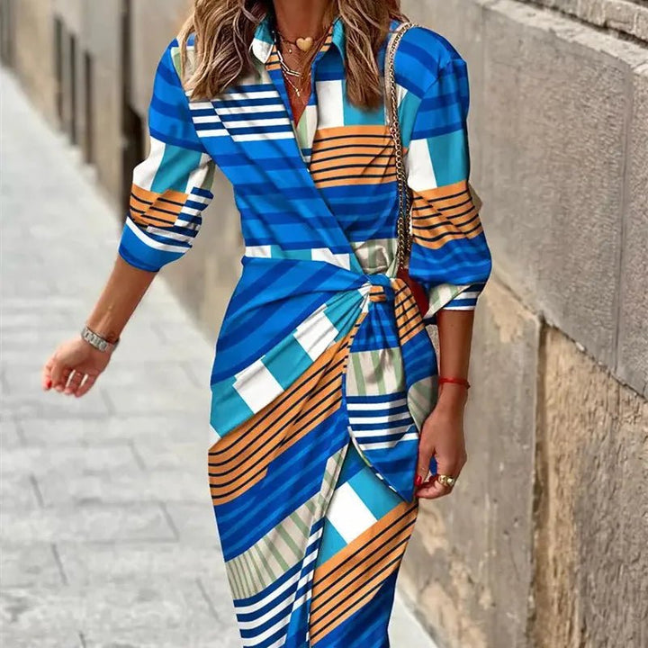 Women's Striped Wrap Midi Dress Three-Quarter Sleeve - Blauw Bruin