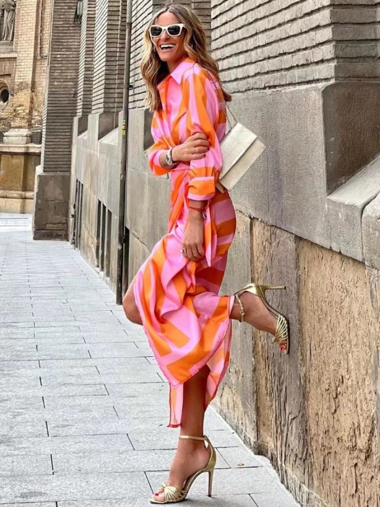 Women's Striped Wrap Midi Dress Three-Quarter Sleeve