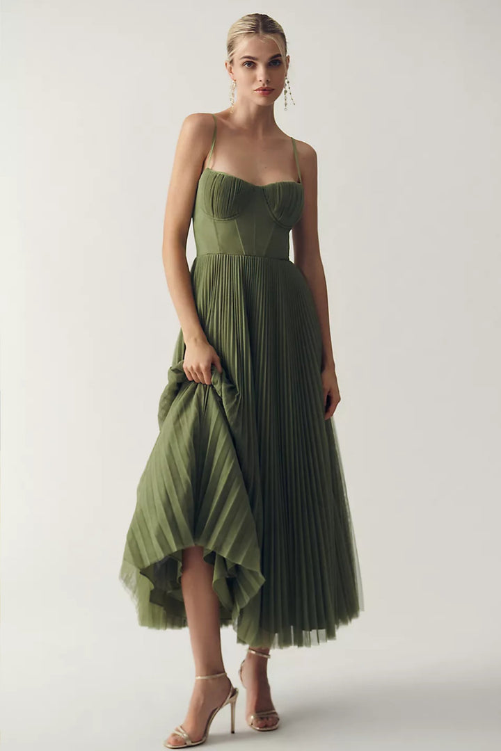 Women's Sweetheart Corset-Bodice Pleated Tulle Midi Dress - Green