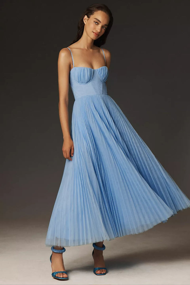 Women's Sweetheart Corset-Bodice Pleated Tulle Midi Dress - Blue