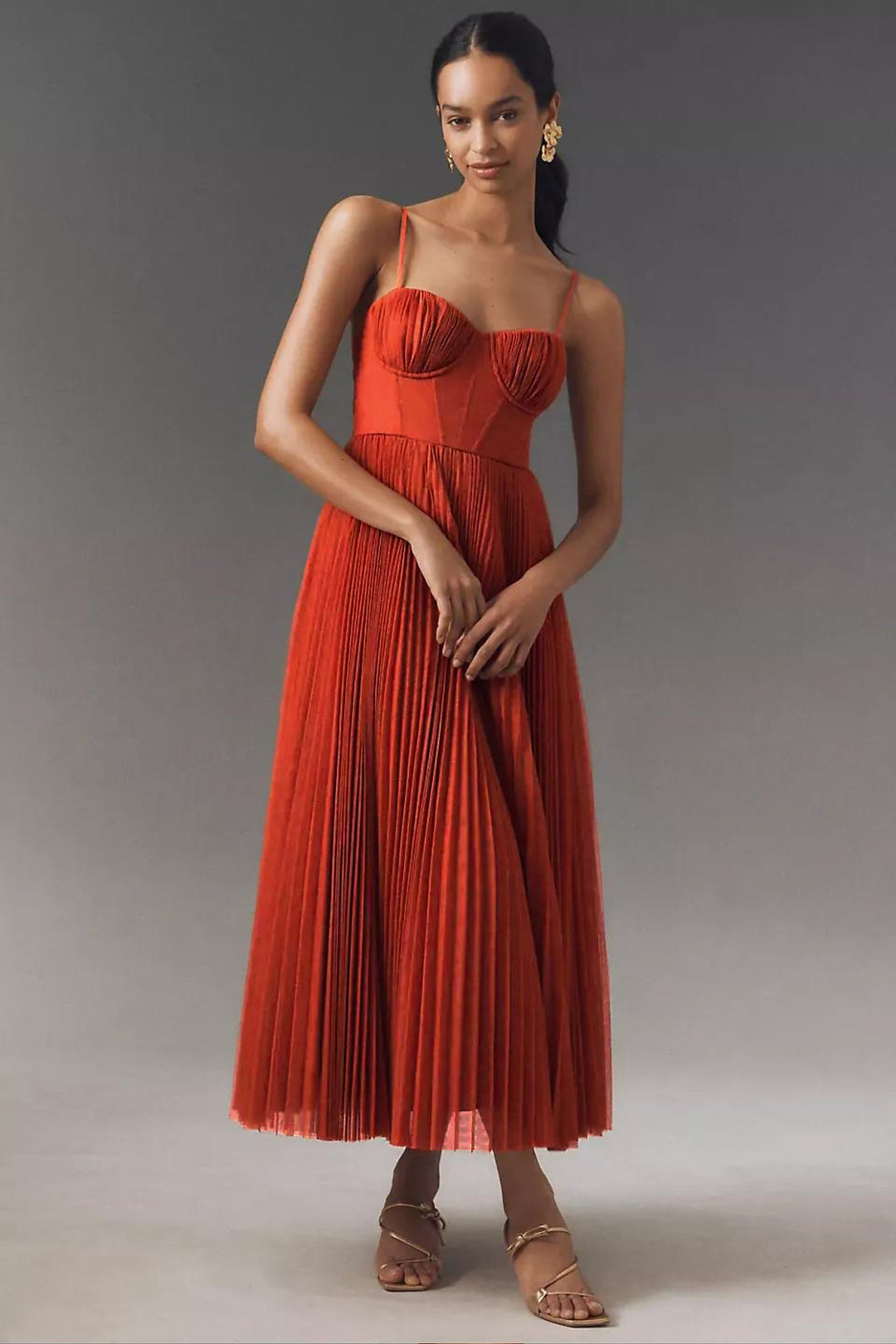 Women's Sweetheart Corset-Bodice Pleated Tulle Midi Dress - Orange