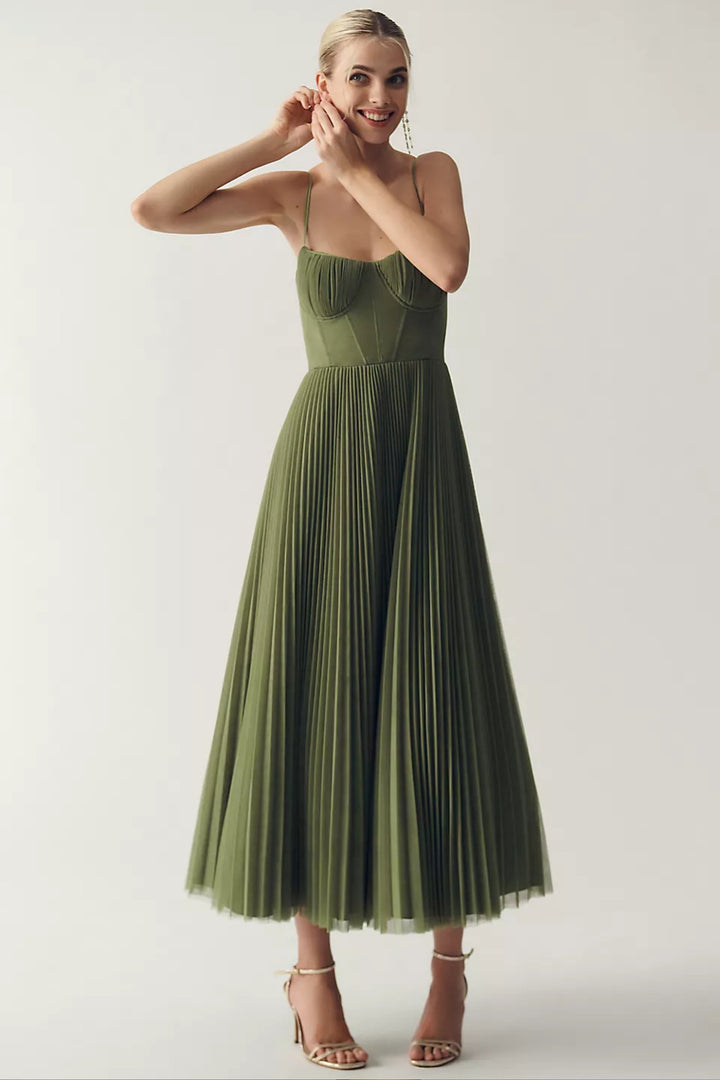 Women's Sweetheart Corset-Bodice Pleated Tulle Midi Dress